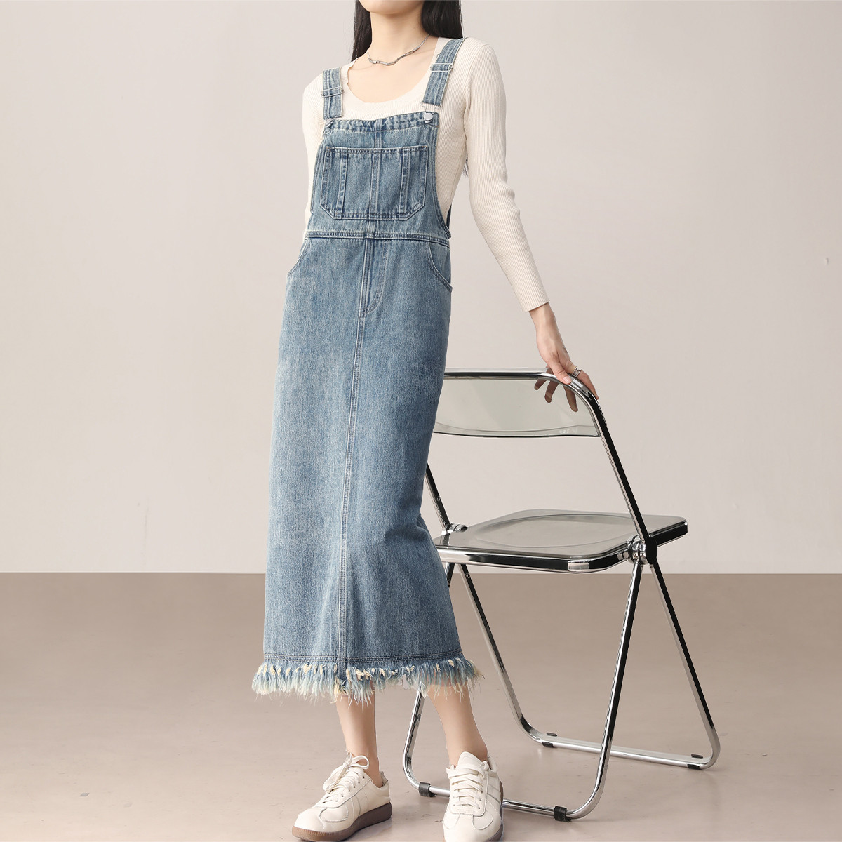 W【盐系少女系列】春秋季流苏牛仔背带裙女可调节后开叉连体裙