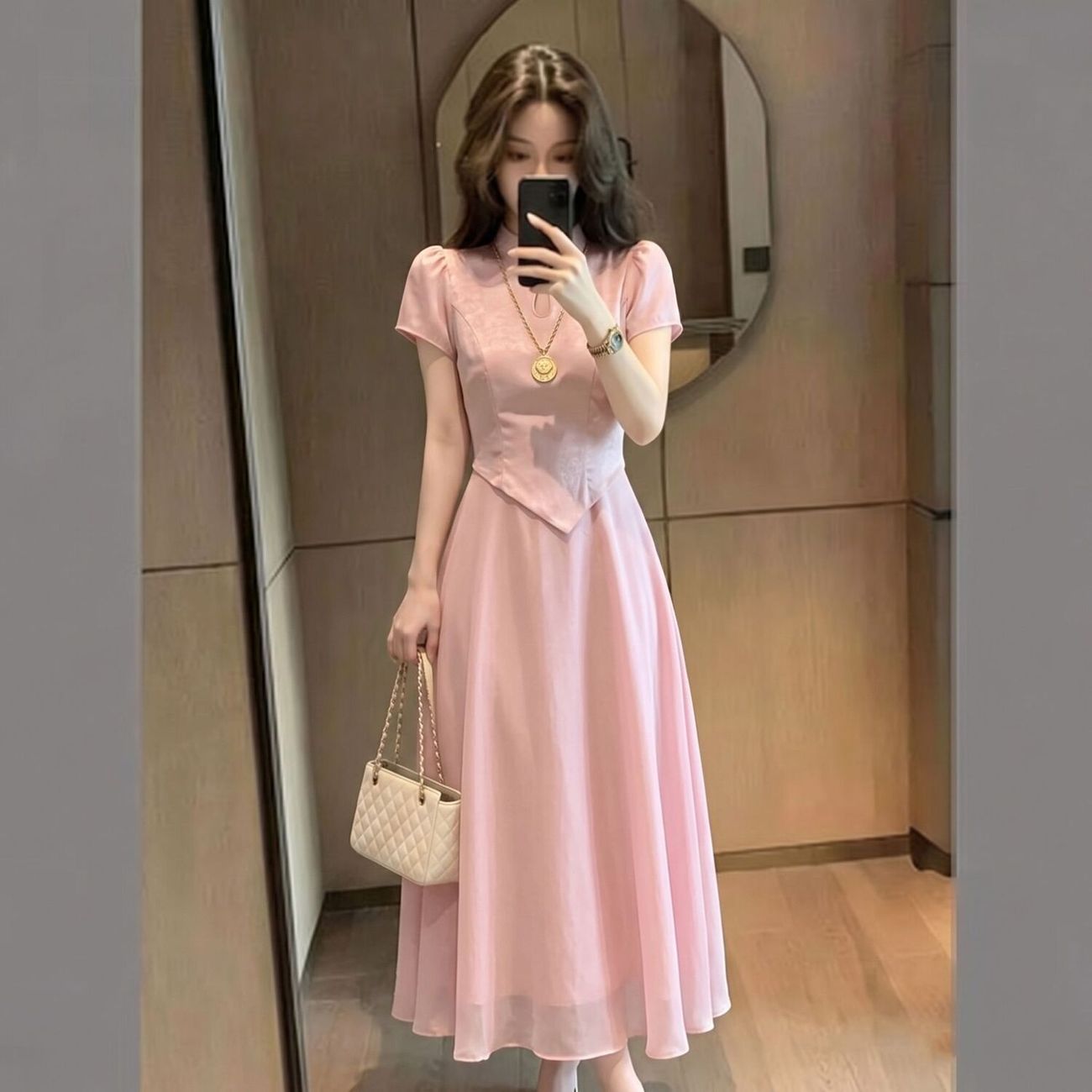 广州十三行法式温柔风粉色改良旗袍裙女夏季新款减龄洋气连衣裙女