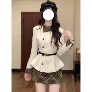 学院英伦风呢子外套套装女秋季高腰格子半身短裙名媛气质收腰上衣
