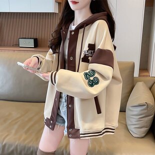 纯棉拼色棒球外套女春秋2026新款韩版宽松初中高中学生开衫卫衣潮