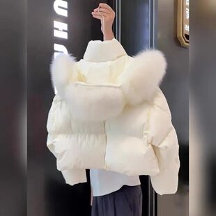 高级流行羽绒棉服女冬季韩系新款短款小个子个性毛领白色连帽外套