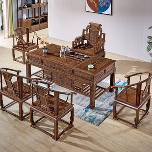 家具两用办公桌子鸡翅木茶台 红木茶桌椅组合实木茶几客厅家用中式