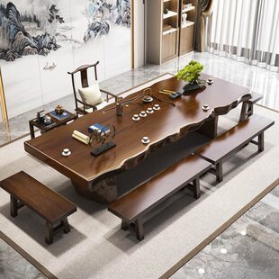 家用客厅功夫实木茶台办公室接待喝茶桌椅组合 原木大板茶桌新中式