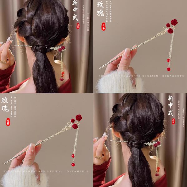 古风步摇！玫瑰花发簪！新中式发簪女后脑勺红色簪子流苏花朵头饰