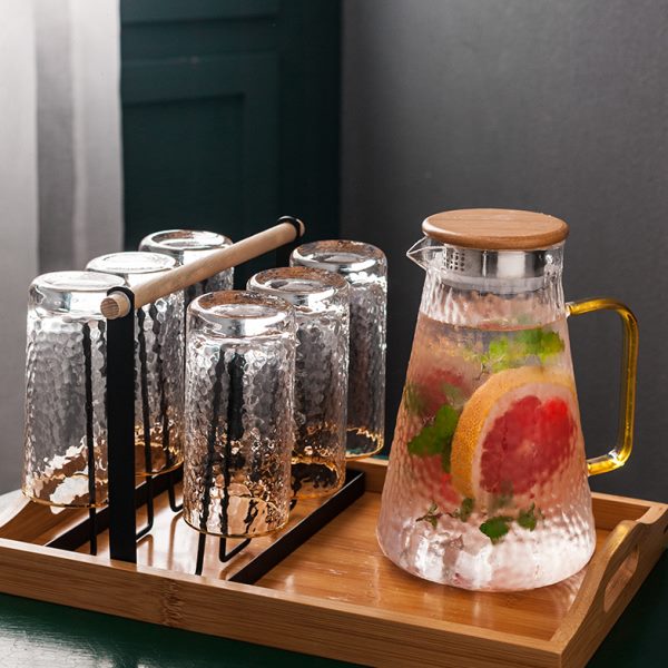 家用玻璃水具套装简约北欧冷水壶耐热锤纹玻璃杯6只装带托盘杯架