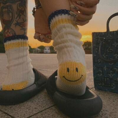 LookSocks平田和宏粗线袜子男女情侣中筒袜日系卡通笑脸长袜ins潮