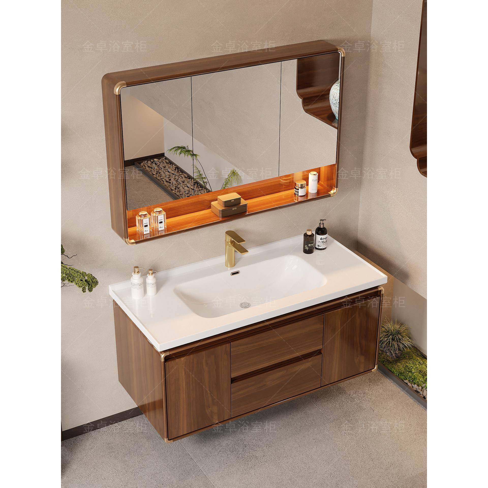 新中式双盆橡木浴室柜岩板热弯陶瓷一体盆卫生间洗手洗脸盆柜组合,家装主材,浴室柜组合,淘宝优惠券,粉丝福利购,淘宝优惠卷