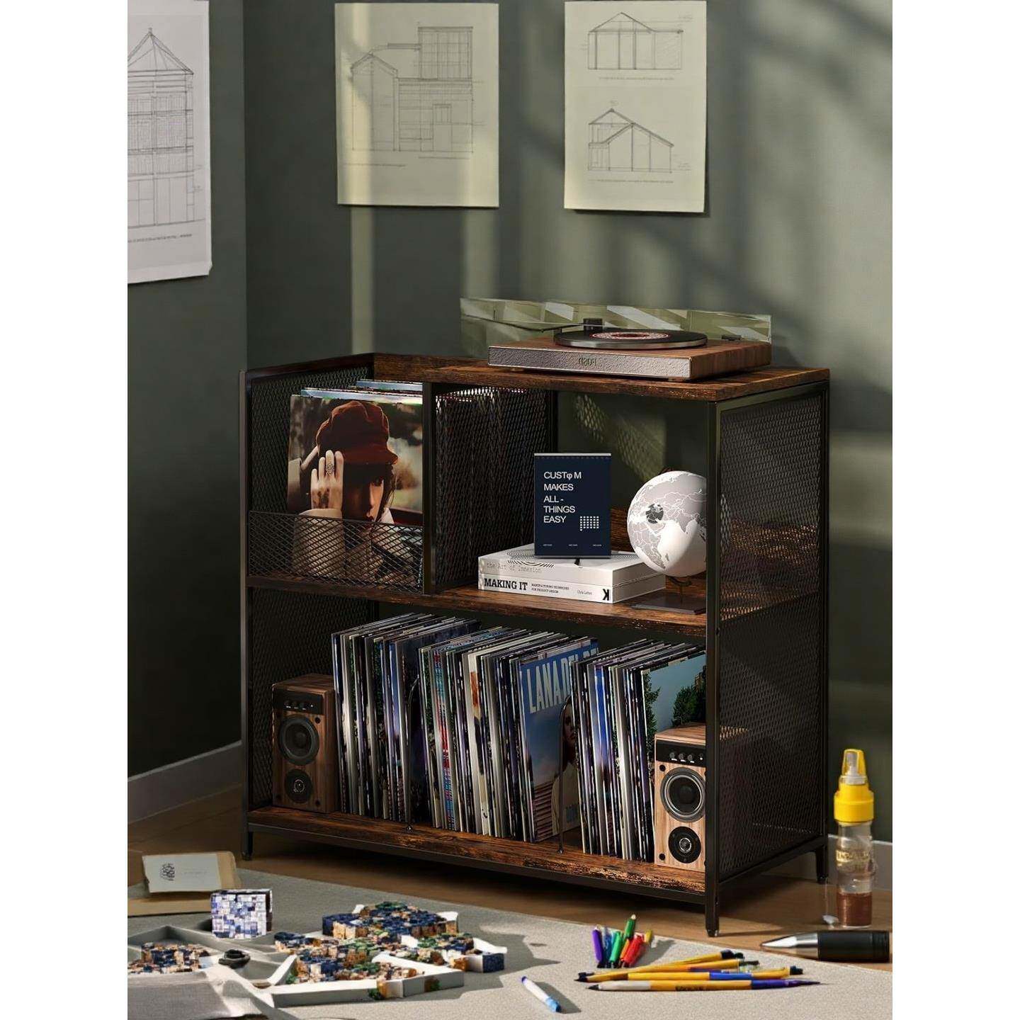 黑胶唱片柜黑胶机柜收纳覆古机柜唱机音响置物架超大超高大容量