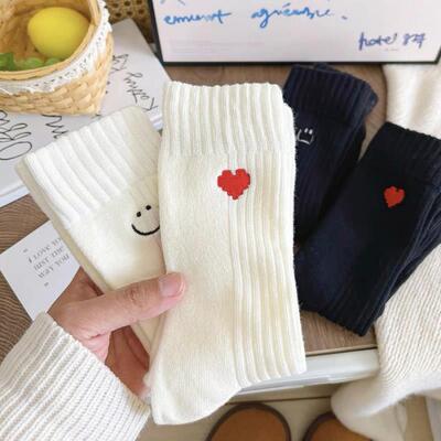 LookSocks加厚毛巾底笑脸刺绣中筒袜网红男女爱心刺绣纯棉运动袜