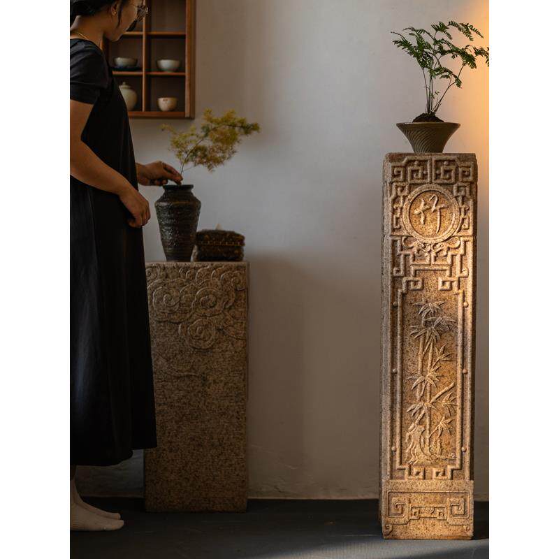 彷古石雕摆件落地石柱水泥彷石头客厅玄关中式禅意茶室侘寂风装饰