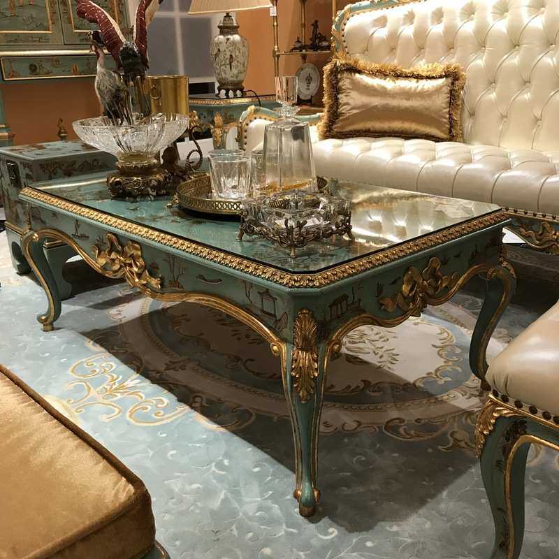 意大利法式宫廷风复古桃花心木雕刻手绘描金乡村风绿色茶几角几