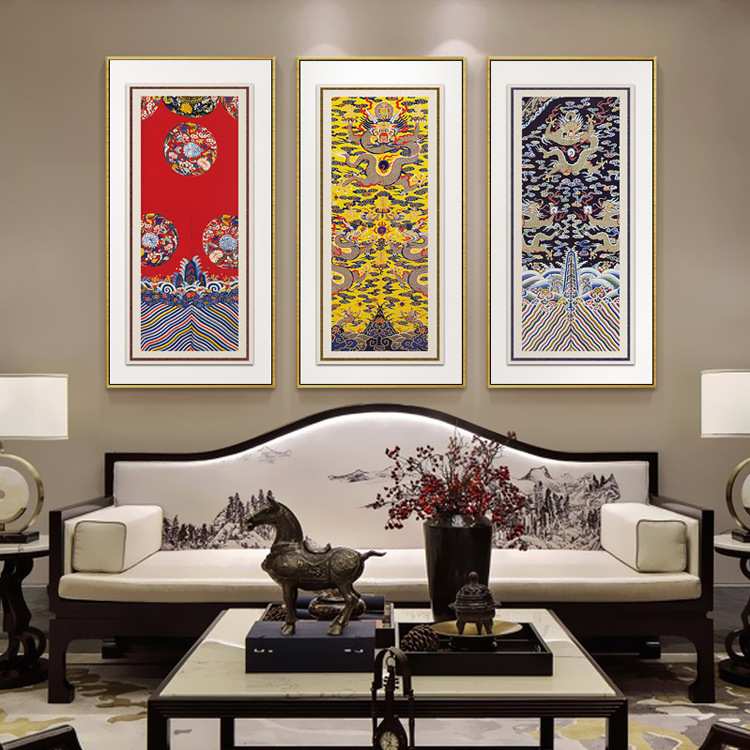 新中式装饰画客厅龙袍图案挂画玄关中国风书房茶室新中式三联壁画