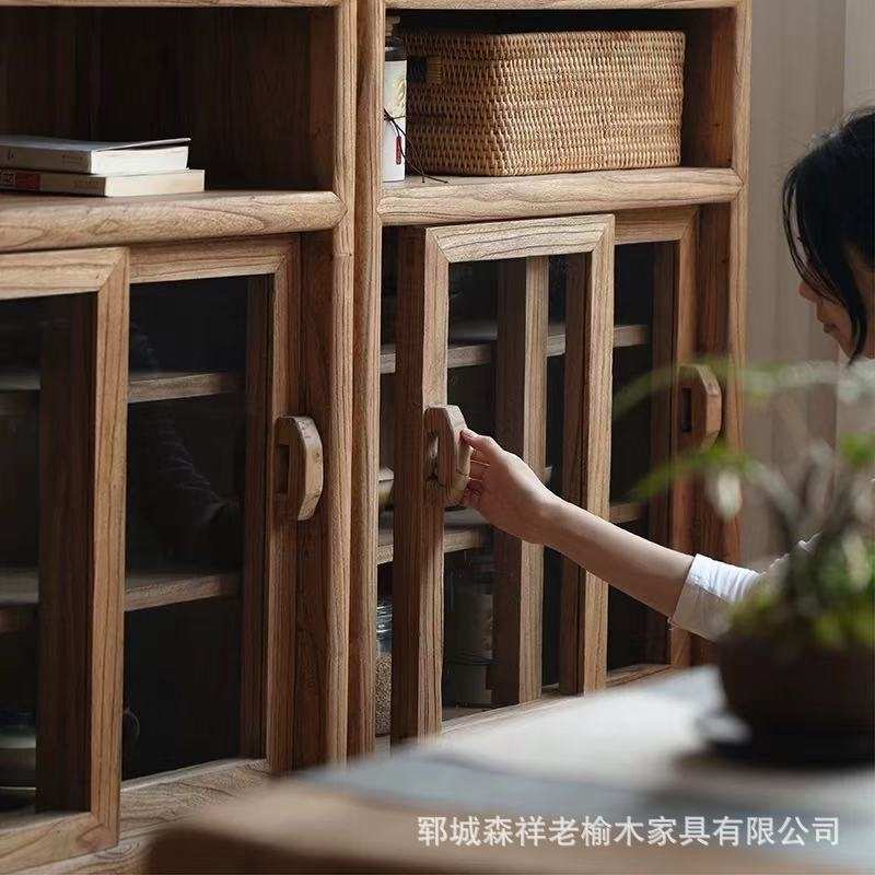 中式老榆木茶边柜靠墙带玻璃门储物柜茶室茶水柜实木餐边柜