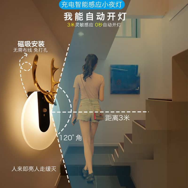 智能人体感应灯家用过道led充电式声控楼道免布线磁吸壁灯小夜灯