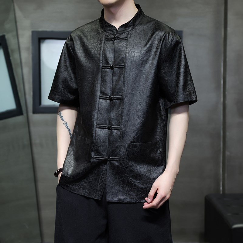 国潮复古休闲龟裂纹唐装衬衫中式立领盘扣中山装半袖茶禅服居士服
