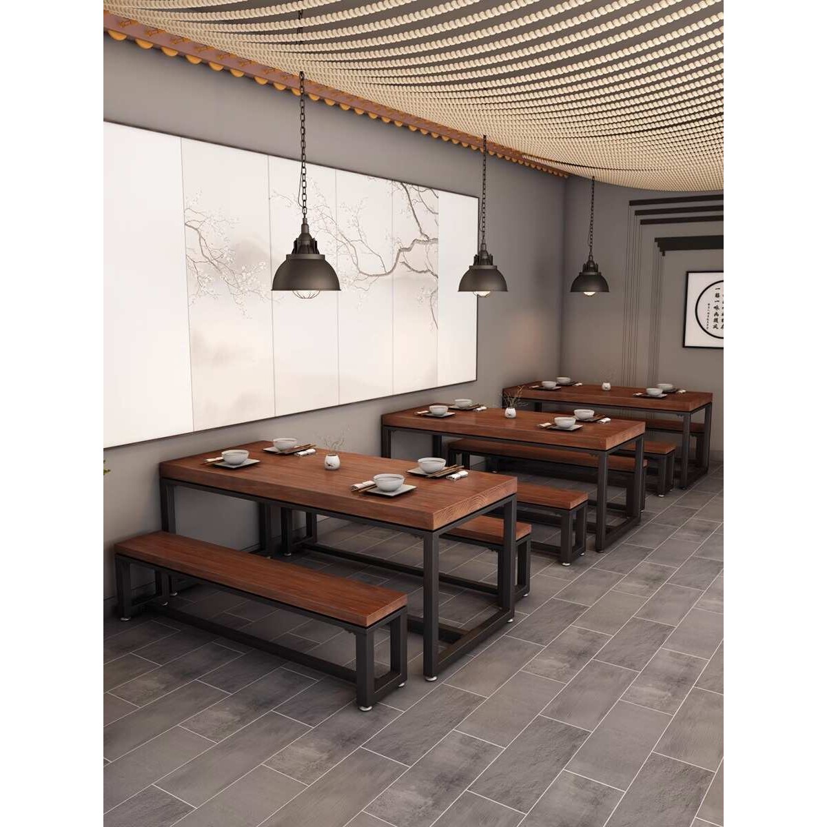 实木餐桌椅组合现代民宿咖啡厅面馆堂食餐厅长桌条凳铁艺桌椅组合