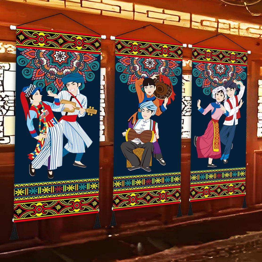 中式民族风人物风情挂画民宿客栈酒店挂布展厅文化布置布艺装饰画图片