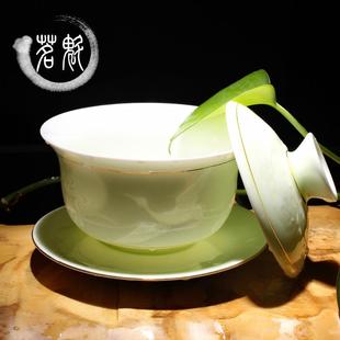 陶瓷三才碗 青瓷浮雕影雕盖碗 白瓷功夫茶具泡茶碗大号茶碗敬茶碗