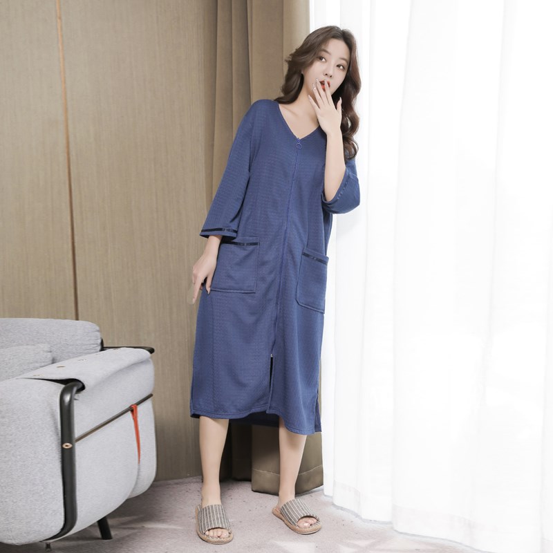 连体睡衣男士夏季薄款V领拉链睡裙女情侣休闲睡袍外穿防走光浴袍