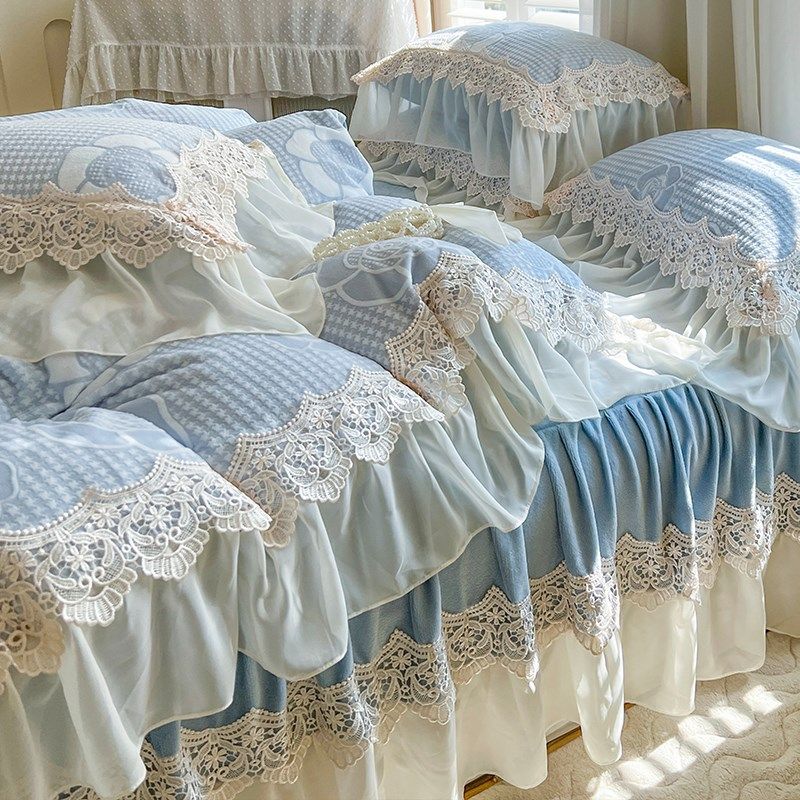 床裙单件公主风牛奶珊瑚绒夹棉加厚花边床罩款床单带裙边床围裙罩