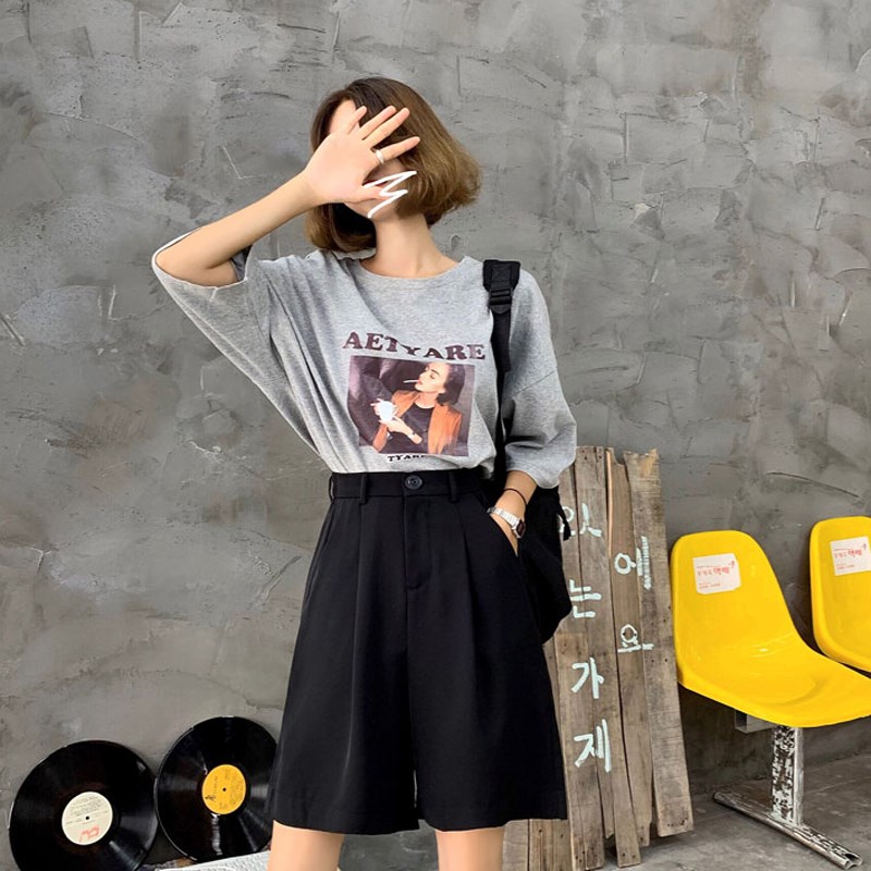 2023夏胖妹妹五分阔腿裤中裤西装短裤女大码宽松显瘦百搭直筒裤子