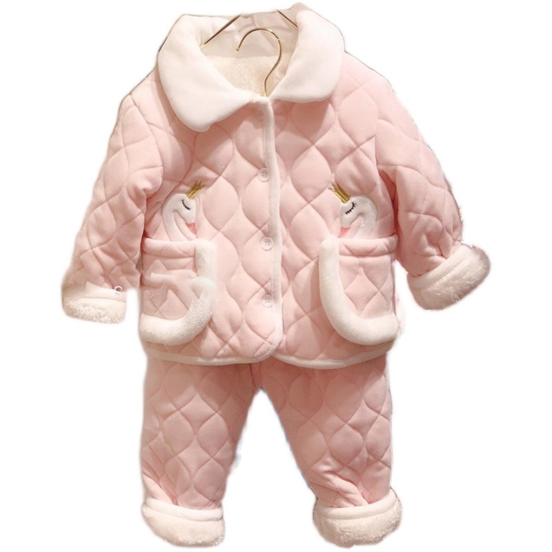 女童睡衣冬季加厚儿童卡通家居服套装女宝宝三层夹棉加绒保暖棉服