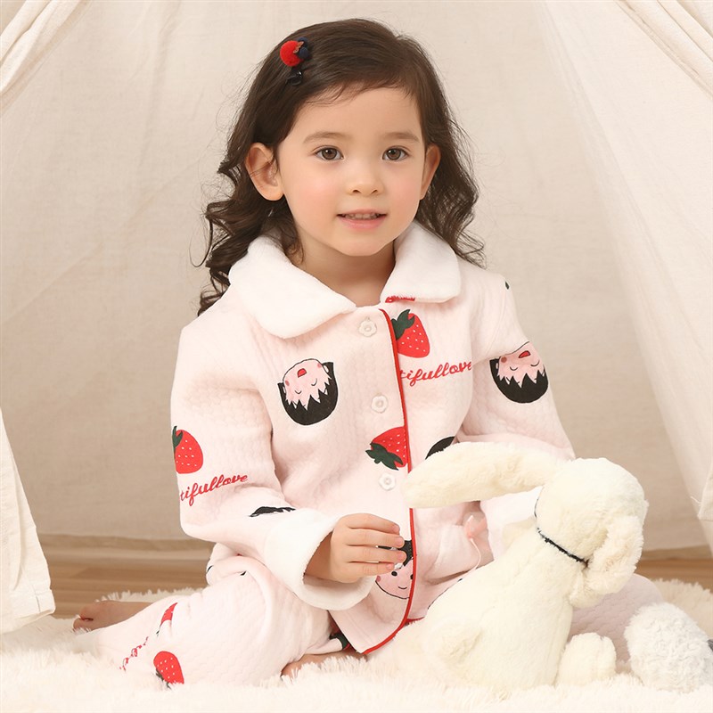 kaka春秋加厚儿童睡衣纯棉空气层三层夹棉女童毛领保暖家居服套装