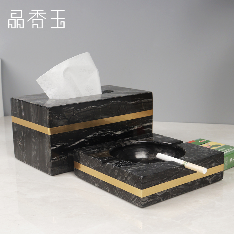 大理石烟灰缸家用客厅纸巾盒办公室大气简约欧式样板间摆件售楼处