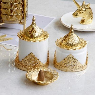 创意金色中东风格铁艺陶瓷组合香炉香薰炉家具装饰摆件一件发货,家居饰品,香薰炉,淘宝优惠券,粉丝福利购,淘宝优惠卷