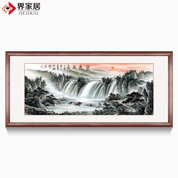 手绘源远流长水墨山水画国画客厅装饰画聚宝盆办公室真迹背景墙