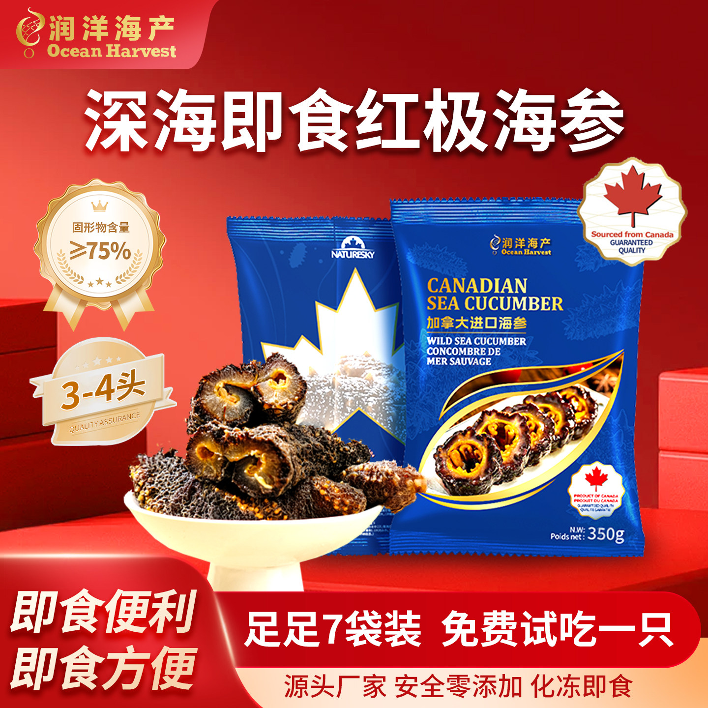 NATURESKY加拿大水发即食海参进口海参红极参北极红参化冻即食