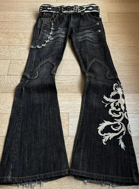 跨境新款男装重工刺绣牛仔裤朋克喇叭裤y2k水洗长裤暗黑系裤子