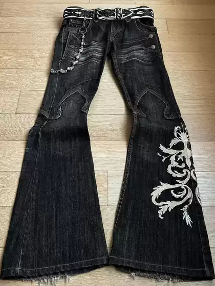 Cross-Border New Men's Heavy Embroidery Jeans Punk Flared Pants Y2K Washed Long Pants Dark Style Pants