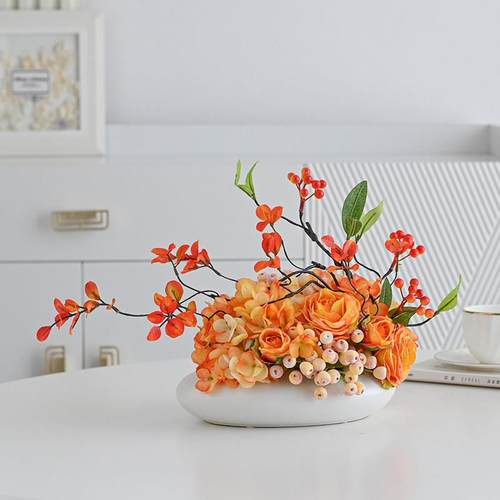 酒HNZ店桌转彷真花盘餐桌圆花摆花高中端轻奢高档间摆件大装饰花