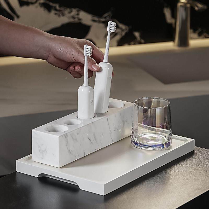 Aloog715简约洗漱台面大理石牙刷架双人一家口漱口托杯三架木浴室