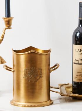 进口黄铜覆古筒雕花双耳圆花瓶欧冰桶摆件式样板装间PWA酒吧收纳