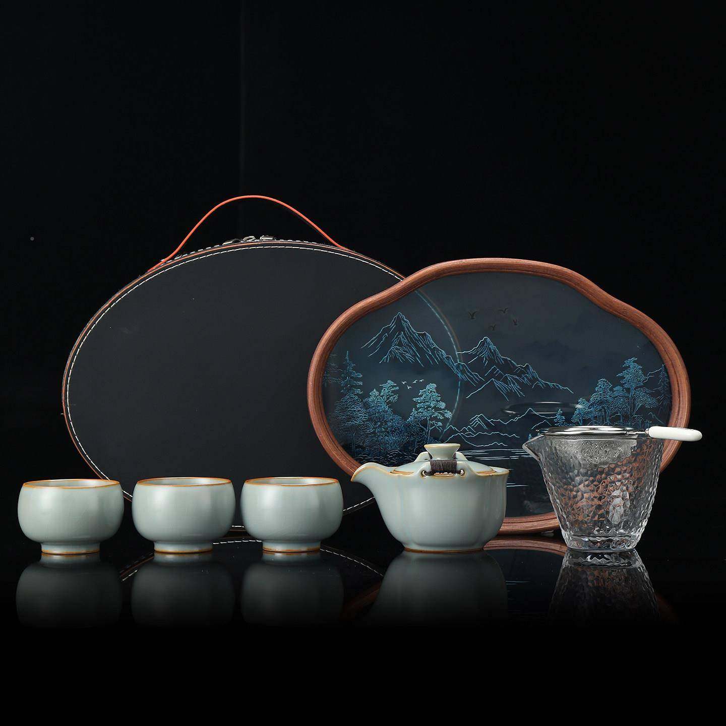 三QJF窑手抓壶旅行夫功茶具套装一壶杯汝户外旅游便捷泡茶具