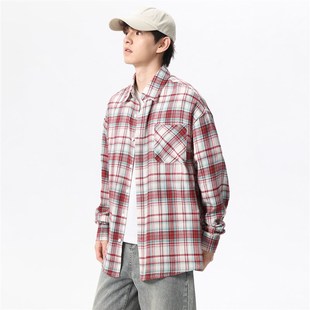 2024秋冬季新款磨毛复古格子长袖衬衫男女宽松日式工装衬衣外套潮