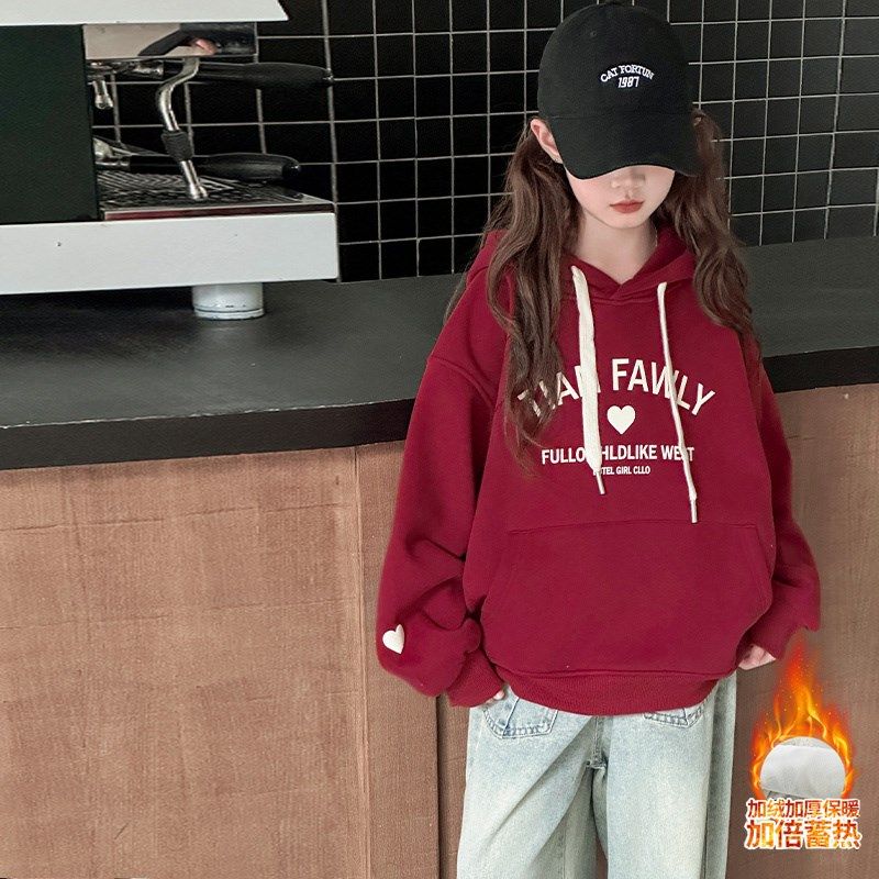 女童加绒卫衣秋冬款2024新款女大童一体绒加厚连帽上衣儿童冬装潮