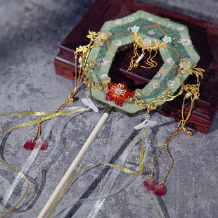 春季新款踏青汉服复古风中国风潮宫形流苏双层镂空团扇长柄圆扇子