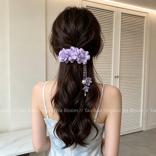 名狐古风紫色仿真绢花流苏发夹