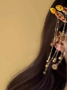 国风古风红色新年头饰毛球小财神铜线元宝流苏发夹发冠发钗步摇