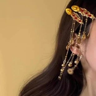 国风古风红色新年头饰毛球小财神铜线元宝流苏发夹发冠发钗步摇