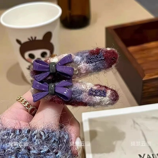 柔雾熏紫~毛绒发夹女蝴蝶结边夹2025新款高端前额发卡刘海夹头饰
