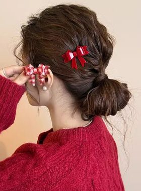 新年时尚红色蝴蝶结小夹子发夹女前额刘海夹侧边碎发边夹发卡发饰
