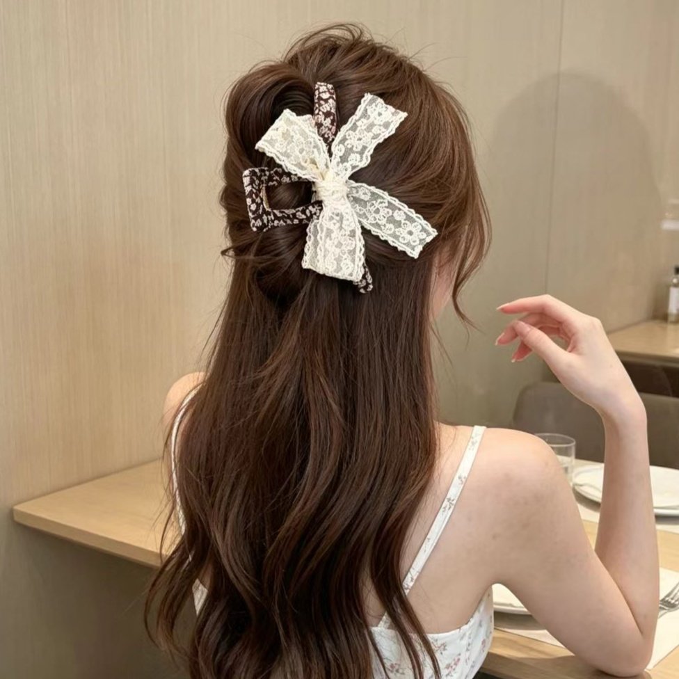 法式复古风碎花蕾丝蝴蝶结抓夹鲨鱼夹少女甜美发夹温柔风头饰