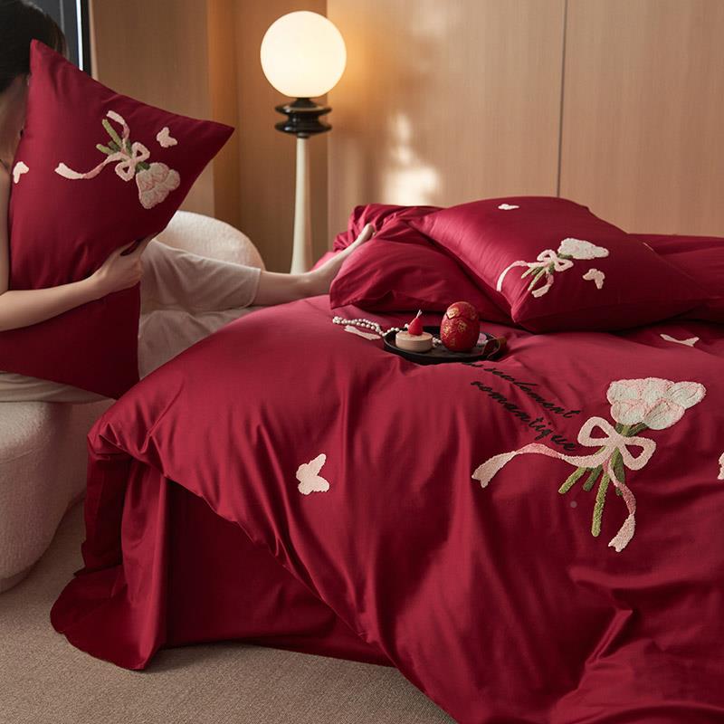 时尚婚庆超柔全床单毛四件套花棉卉巾绣结婚套喜嫁床上JEY用品被