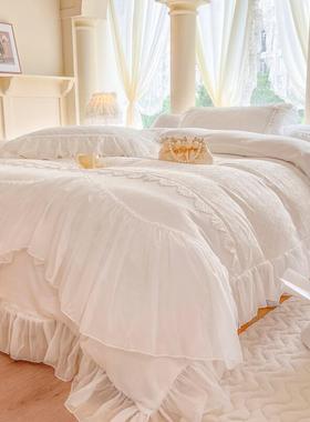 件冬季公主风牛奶双面绒床裙款四套加厚绒珊瑚绒白色加绒蕾丝FMM