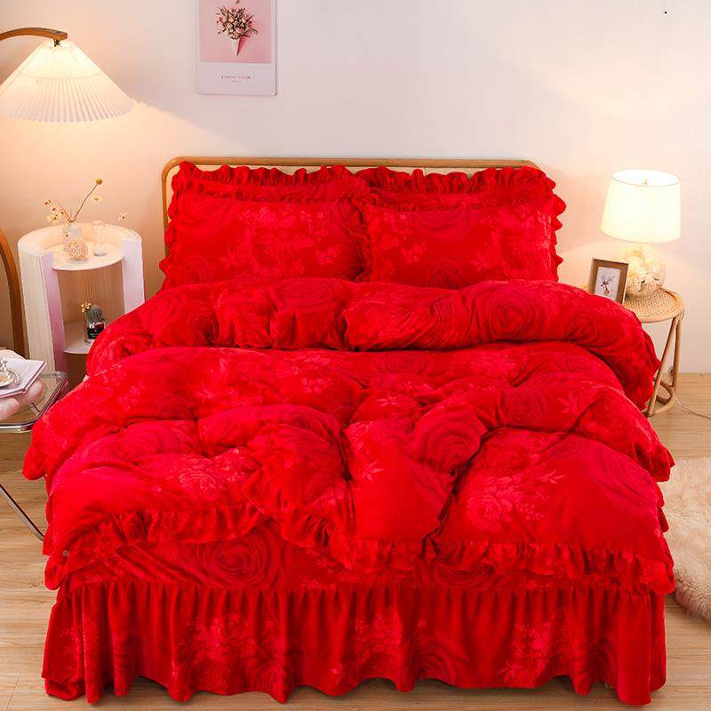 高保档韩版纯色暖水晶绒绒牛奶绒面双珊瑚床裙款宝宝绒床罩SSK四