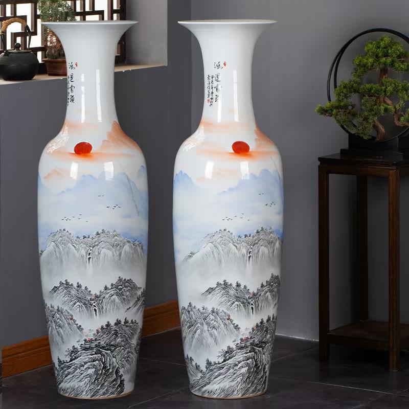 景德镇饰陶瓷器落地大花彩厅瓶手绘粉山水开QKA业瓷瓶中式客装品
